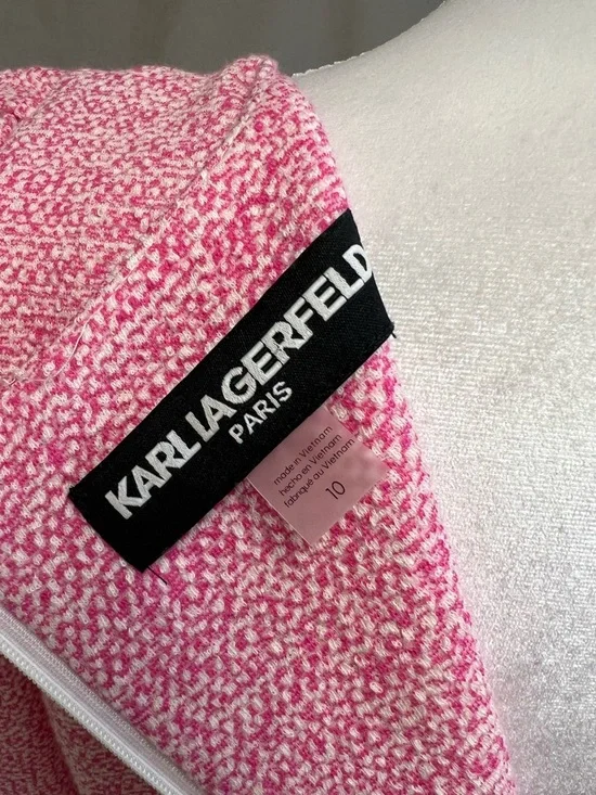 Karl Lagerfield Paris Tweed Puff-Sleeve Flounce Hem Dress Sz 10 Barbiecore - Picture 7 of 10